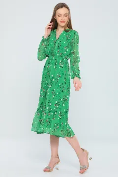 Kadın V Yaka İç Astarlı Çiçek Desenli Şifon Elbise Yeşil