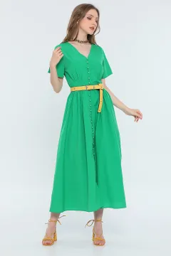 Kadın V Yaka Kısa Kollu Ön Yırtmaçlı Elbise Yeşil