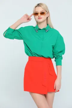 Kadın Yaka Taş Detaylı Gömlek Tunik Yeşil