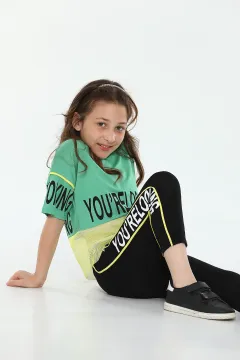 Kız Çocuk Likralı Bisiklet Yaka Baskılı File Detaylı T-shirt Tayt İkili Takım Yeşil