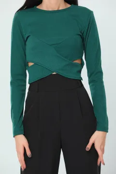 Kadın Likralı Önü Çapraz Kaşkorse Crop Body Bluz Yeşil