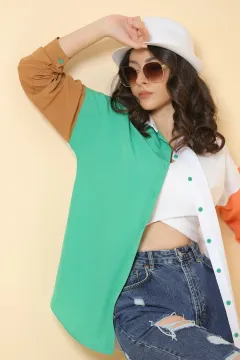 Kadın Oversize Renk Bloklu Poplin Gömlek Yeşilbeyaz