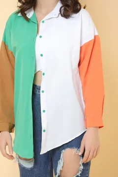 Kadın Oversize Renk Bloklu Poplin Gömlek Yeşilbeyaz