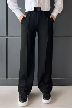 Yüksek Bel Cepli Çimalı Kadın Bol Kesim Pantolon Siyah
