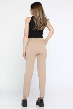 Yüksek Bel Duble Paça Pileli Kadın Kumaş Pantolon Bej