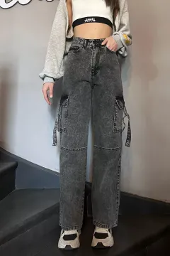 Yüksek Bel Kargo Cep Detaylı Kadın Jean Kot Pantolon Antrasit