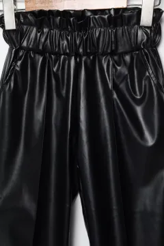 Yüksek Bel Paça Ve Bel Lastikli Kız Çocuk Çimalı Deri Pantolon Siyah
