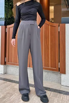 Yüksek Bel Pileli Cırtlı Kadın Likralı Palazzo Kumaş Pantolon Füme