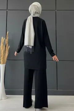 Yüksek Bel Taş Detaylı Tesettür Triko Pantolon Tunik İkili Takım Siyah