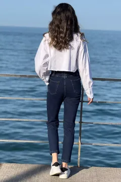 Yüksek Bel Taş İşlemeli Kadın Tarz Jean Kot Pantolon Lacivert