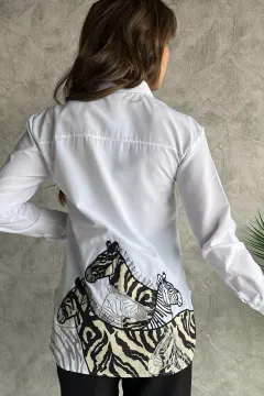Zebra İşlemeli Tarz Kadın Gömlek Beyaz