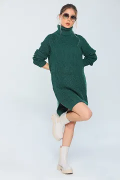 Kadın Likralı Boğazlı Uzun Triko Tunik Zümrüt Yeşili