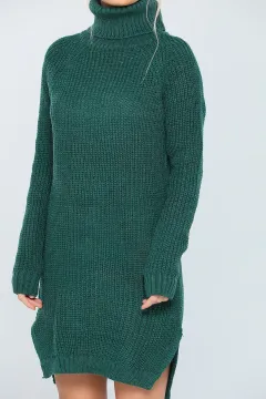 Kadın Likralı Boğazlı Uzun Triko Tunik Zümrüt Yeşili