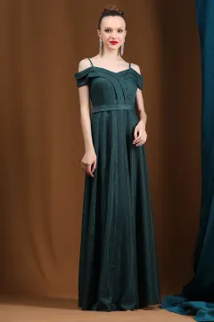 Kadın Askılı Düşük Omuz Detaylı Işıltılı Uzun Tül Abiye Elbise Zümrüt Yeşili