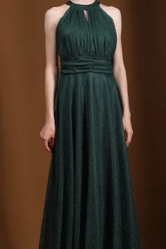 Kadın Boyun Detaylı İç Astarlı Işıltılı Uzun Tül Abiye Elbise Zümrüt Yeşili