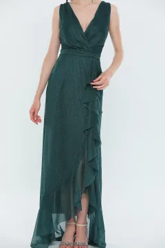 Kadın Kruvaze Yaka Astarlı Işıltılı Uzun Abiye Elbise Zümrüt Yeşili