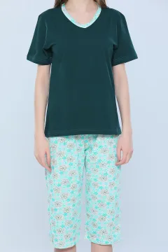 Kadın Likralı V Yaka Desenli Kısa Kollu Kaprili Pijama Takımı Zümrüt Yeşili