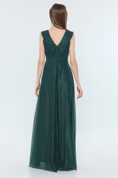 Kadın Yaka Tül Dekolteli Astarlı Işıltılı Uzun Abiye Elbise Zümrüt Yeşili