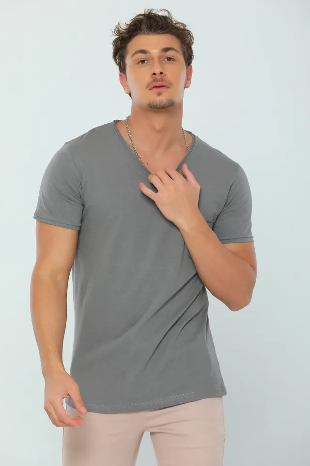 Erkek Likralı V Yaka Cepli Slim Fit Basic Body T-shirt A.füme