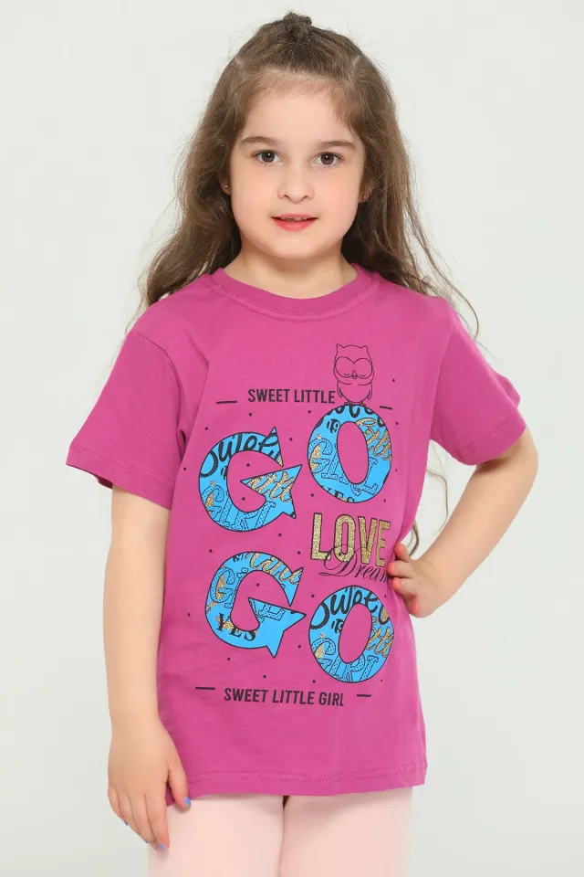 Kız Çocuk Likralı Bisiklet Yaka Baskılı T-shirt A.MÜRDÜM