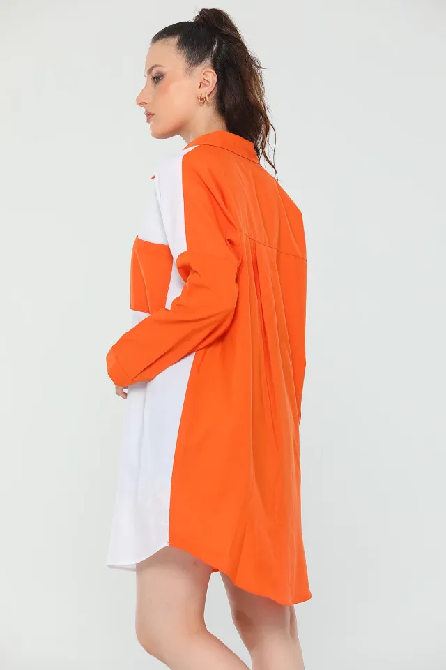 Kadın Oversize Uzun Kollu Renk Bloklu Gömlek Açık Orange
