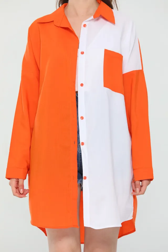 Kadın Oversize Uzun Kollu Renk Bloklu Gömlek Açık Orange