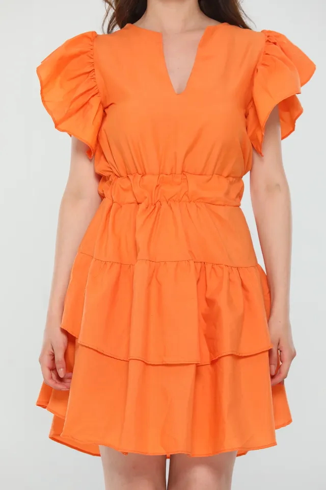 Kadın V Yaka Kol Volanlı Eteği Katlı Yazlık Mini Elbise Açık Orange