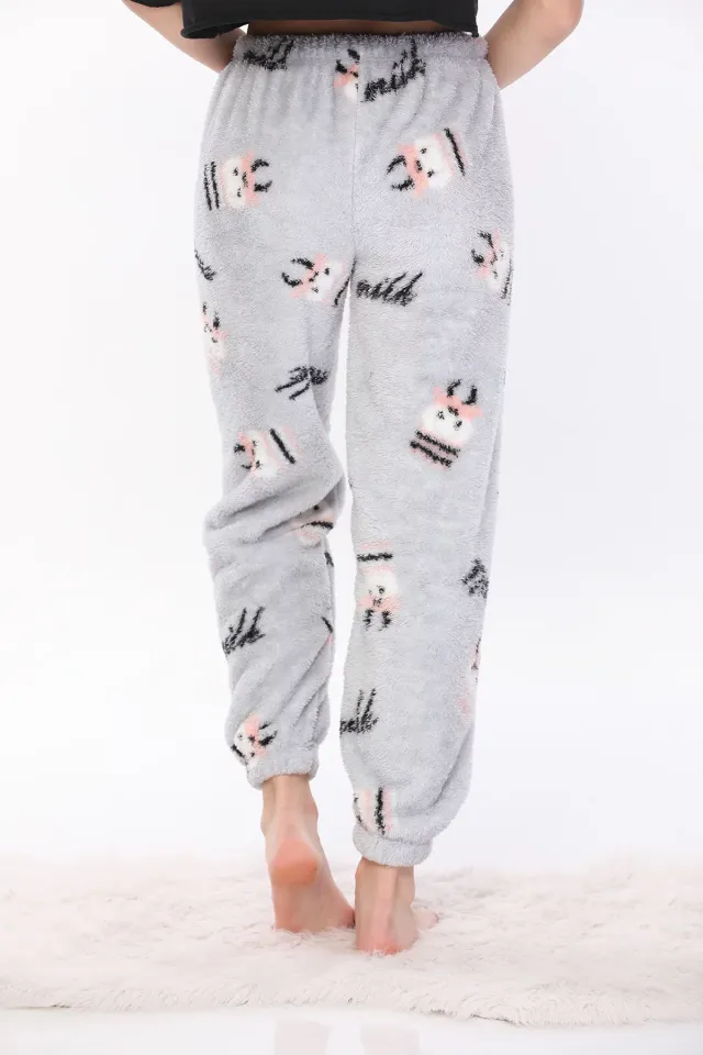 Kadın Desenli Paça Lastikli Peluş Alt Pijama Açıkgri