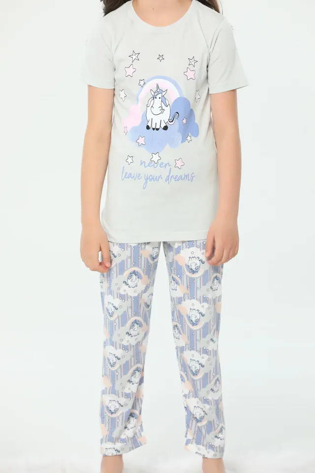 Kız Çocuk Unicorn Baskılı Dar Kalıp Pijama Takımı AçıkGri