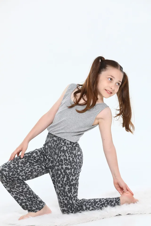 Kız Çocuk Likralı Leopar Desenli Pantolon Antrasit