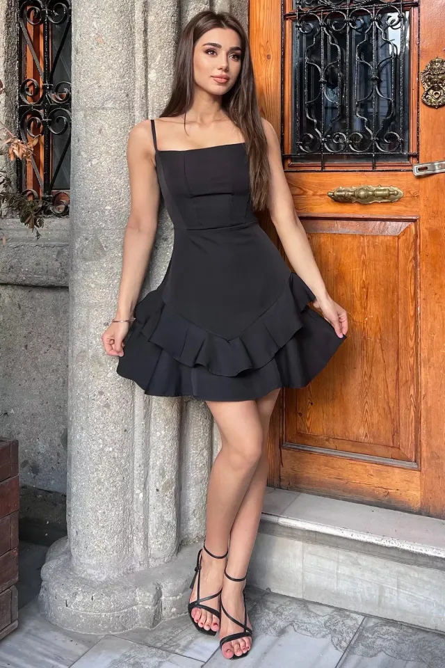 Askılı Fırfırlı Mini Elbise Siyah