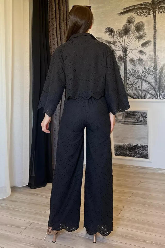 Astarlı Ajurlu Taşli Ceket Pantolon İkili Takım Siyah