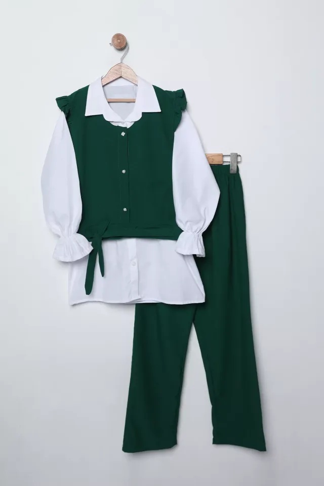 Bağcık Ve Fırfır Detaylı Kız Çocuk Pantolon Gömlek Süveter Üçlü Takım Yeşil