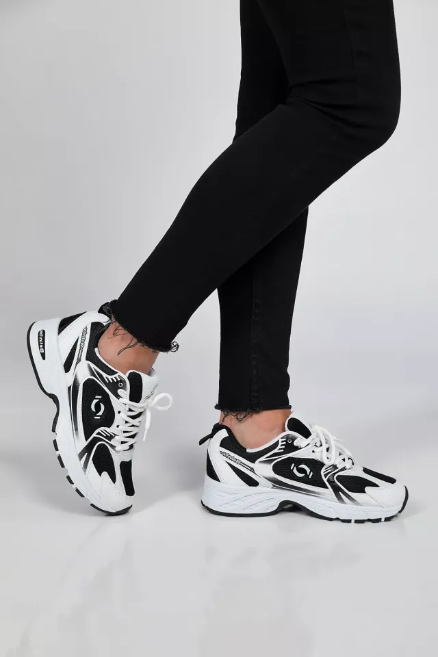 Bağcıklı Günlük Kadın Spor Ayakkabı Beyazsiyah