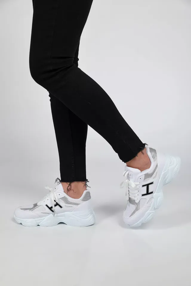 Bağcıklı Yüksek Taban Günlük Kadın Spor Ayakkabı Beyaz