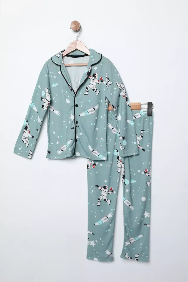 Baskılı Ön Düğmeli Kız-erkek Çocuk Pijama Takımı Mint
