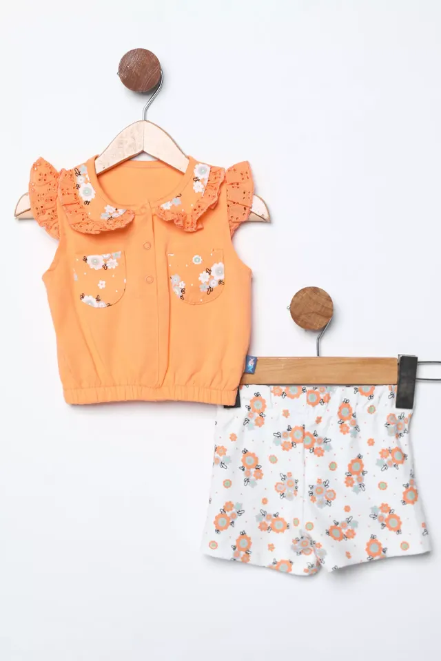 Bebe Yaka Fistolu Bluz Şort Kız Çocuk İkili Takım Orange