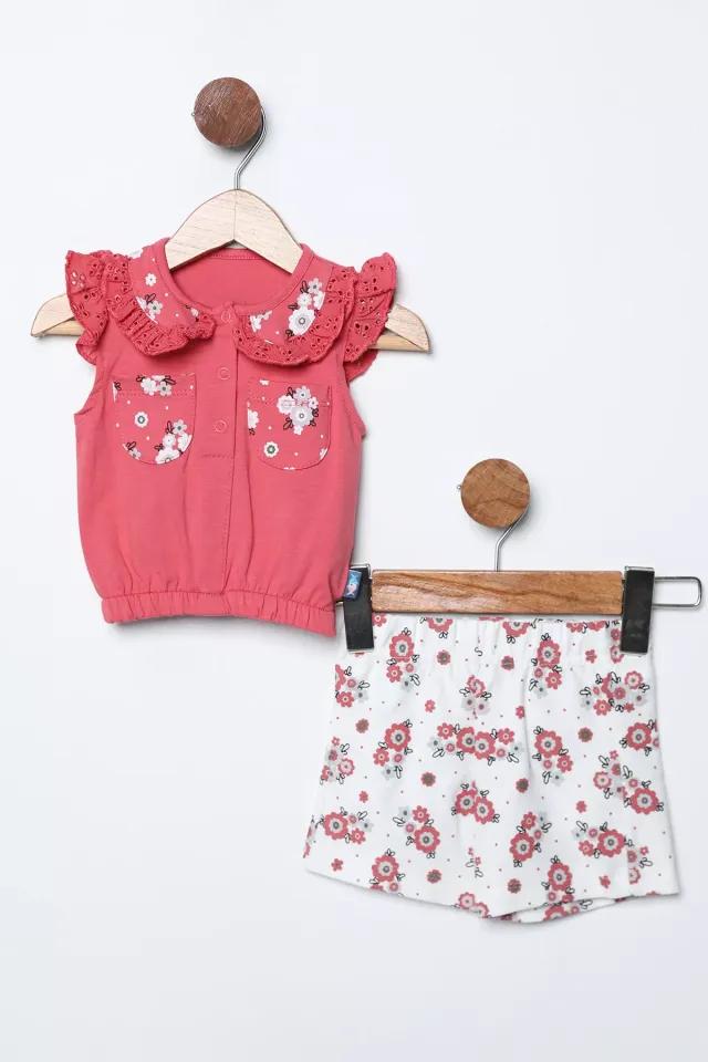 Bebe Yaka Fistolu Bluz Şort Kız Çocuk İkili Takım Nar Çiçeği