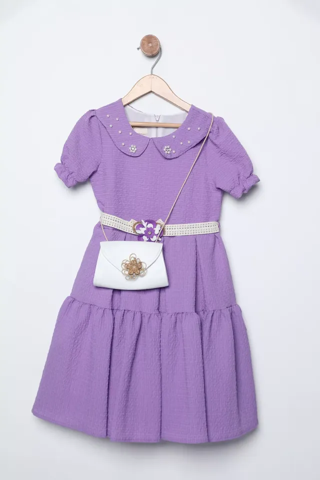 Bebe Yaka İnci İşlemeli Bel Kuşaklı Kız Çocuk Fırfırlı Elbise Lila
