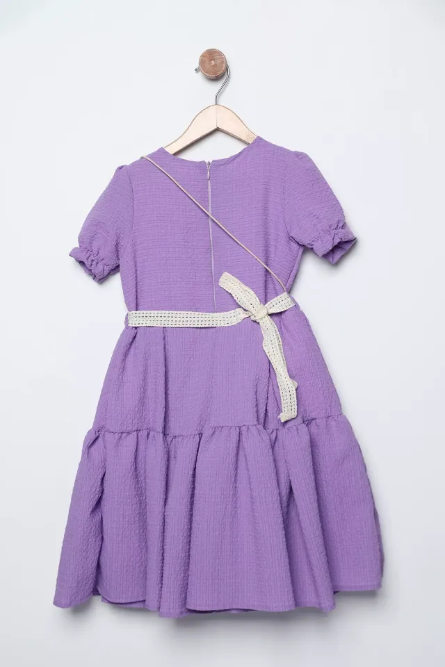 Bebe Yaka İnci İşlemeli Bel Kuşaklı Kız Çocuk Fırfırlı Elbise Lila