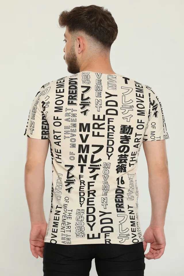 Erkek Likralı Bisiklet Yaka Baskılı T-shirt Bej