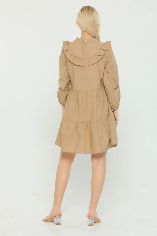 Kadın Ön Arka Fırfırlı Eteği Katlı Salaş Mini Elbise Bej