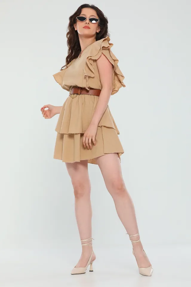 Kadın V Yaka Fırfırlı Eteği Katlı Yazlık Mini Elbise Bej