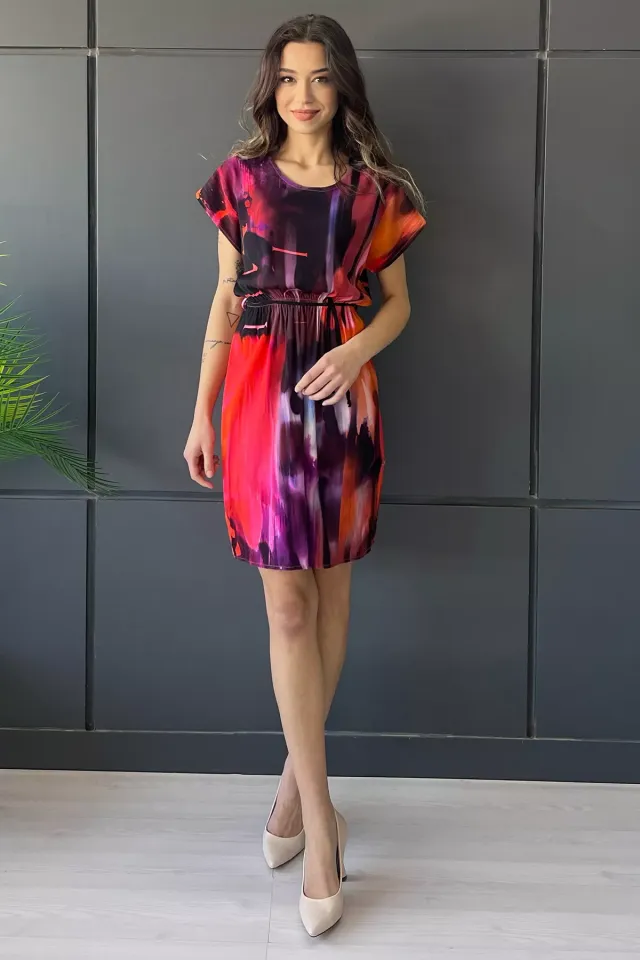Bel Bağlamalı Yıkama Desenli Yazlık Elbise Siyahorange