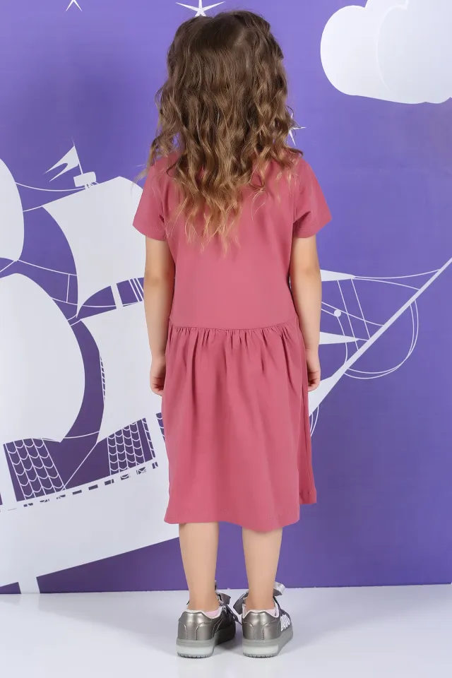 Kız Çocuk Bel Büzgülü Günlük Elbise Gülkurusu