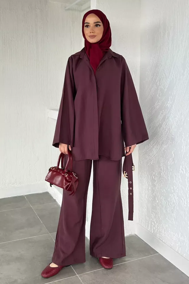 Bel Çift Kemerli Tunik Pantolon Tesettür İkili Takım Bordo