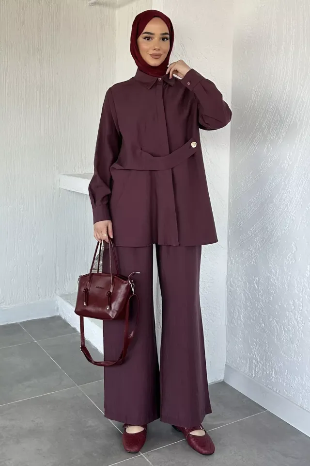 Bel Detaylı Tesettür Tunik Pantolon İkili Takım Bordo