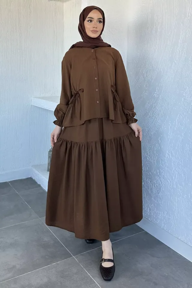 Bel Lastikli Bağcıklı Bluz Etek Tesettür İkili Takım Kahve