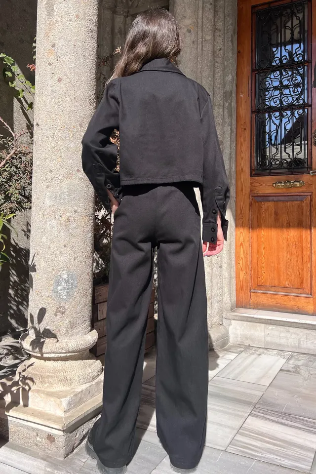 Bel Lastikli Cep Detaylı Gömlek Pantolon İkili Takım Siyah