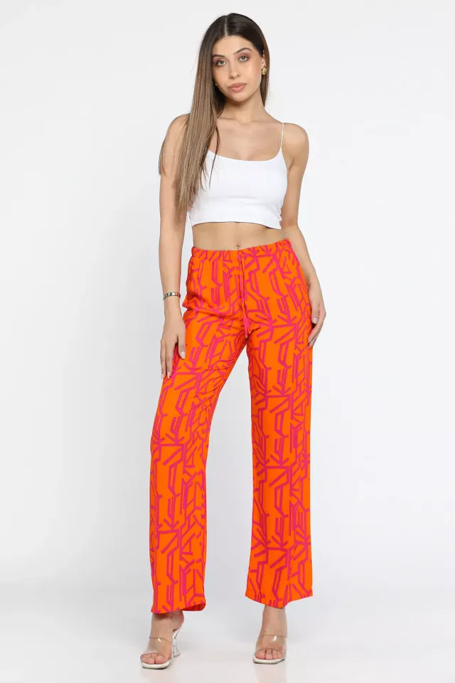 Bel Lastikli Desenli Kadın Yazlık Pantolon Orange